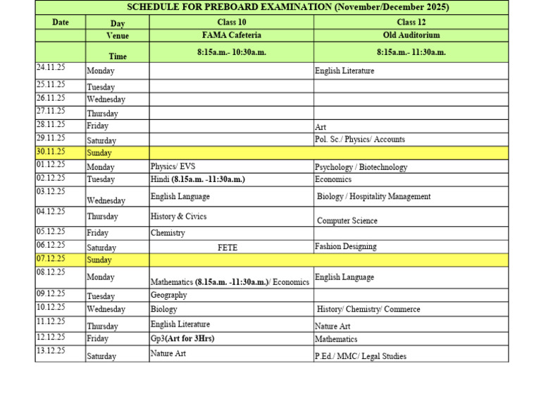 Preboard Exam Schedule Nov-Dec 2025 | PDF