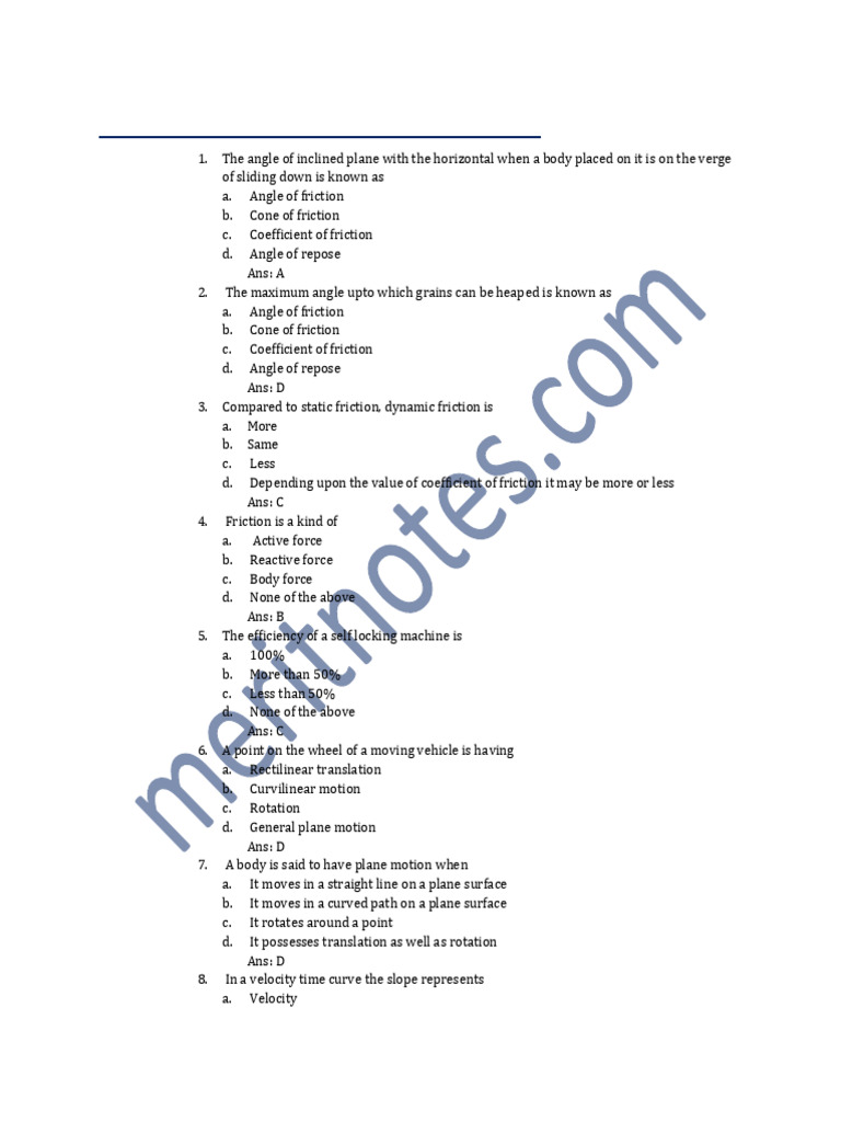 Engineering Mechanics Quiz PDF | PDF | Friction | Force