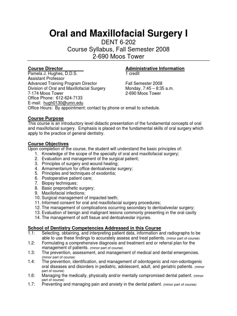 Oral and Maxillofacial Surgery I DENT 6202 Course Syllabus, Fall Semester 2008 2690 Moos