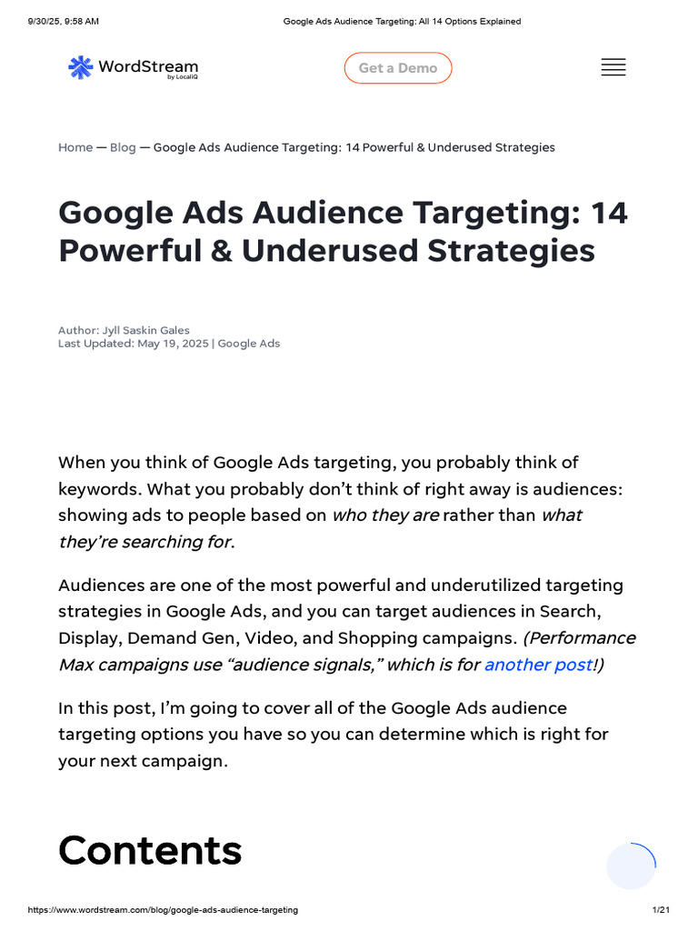 Google Ads Audience Targeting - All 14 Options Explained WEB | PDF ...