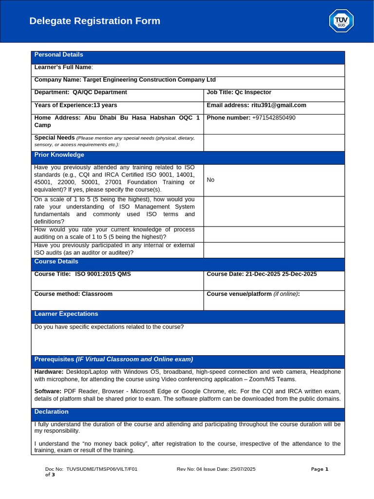 ISO 9001:2015 QMS Delegate Form | PDF | Software | Computing