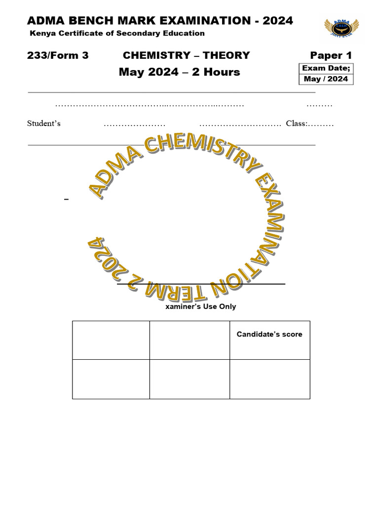 2024 ADMA Chemistry Exam Paper 1 | PDF | Chemical Bond | Hydrogen
