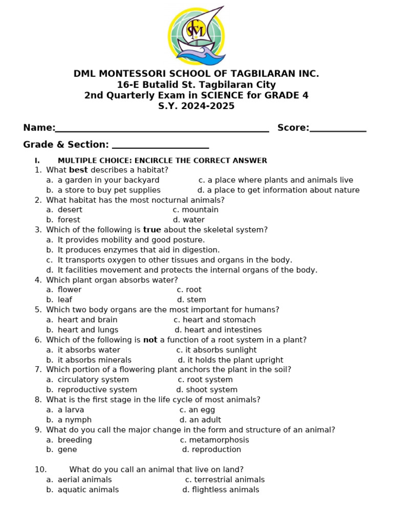 Science 4 2nd Quarter Exam | PDF | Root | Plants