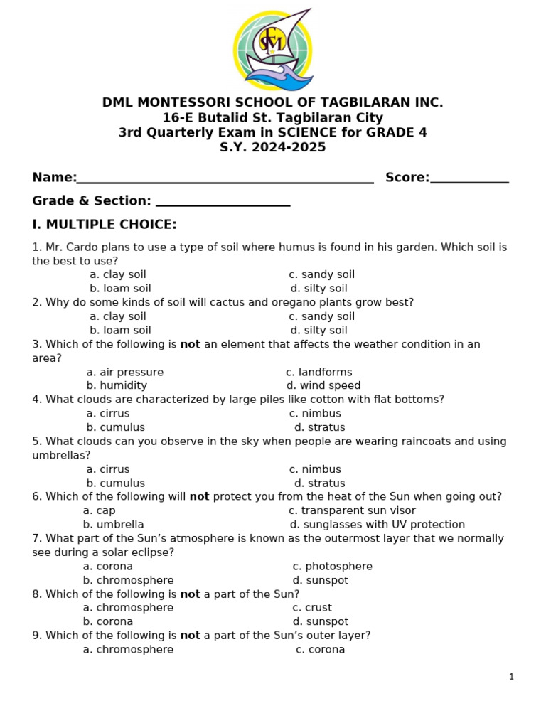 Grade 4 Science Quarterly Exam Guide | PDF | Sun | Water