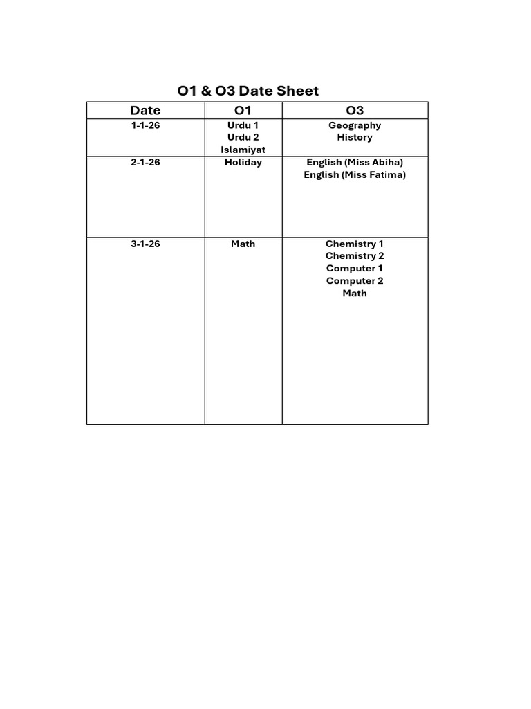 O1 & O3 Exam Schedule 2026 | PDF