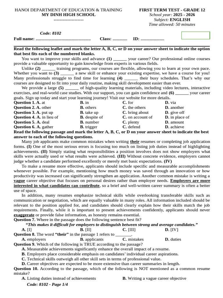 Grade 12 English First Term Test | PDF | City | Résumé