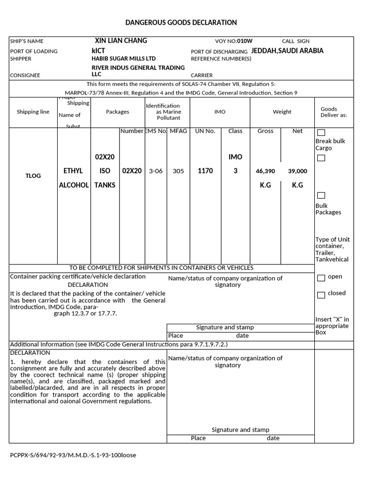 Dangerous Goods Shipping Declaration | PDF | Cargo | Supply Chain ...