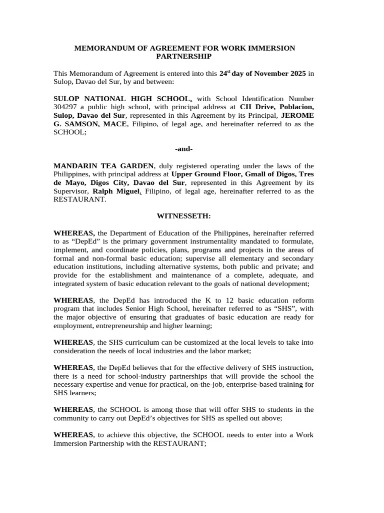 Work Immersion Agreement: SHS Partnership | PDF | Employment ...