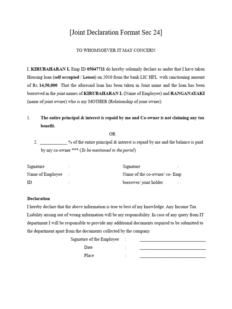 Joint Declaration for Housing Loan | PDF