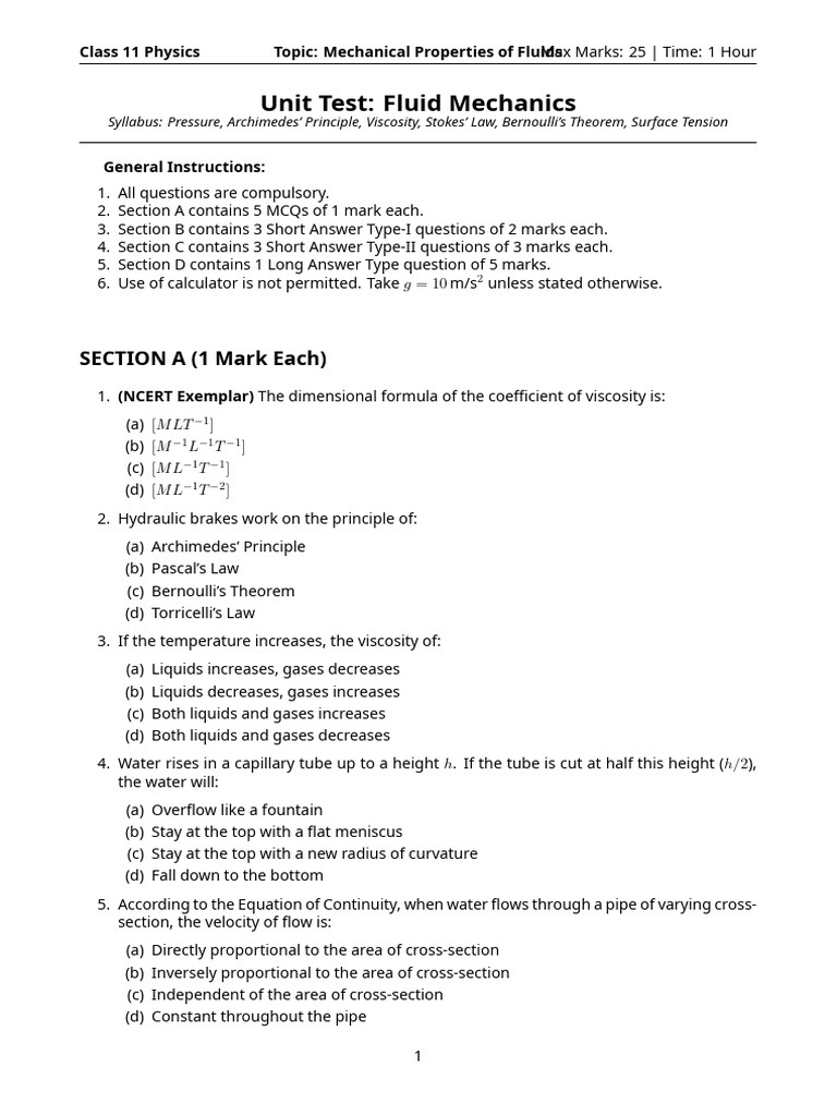 Class 11 Fluid Mechanics Test Guide | PDF | Pressure | Liquids