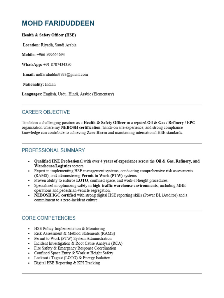 HSE Officer Resume: Oil & Gas Expert | PDF | Occupational Safety And ...