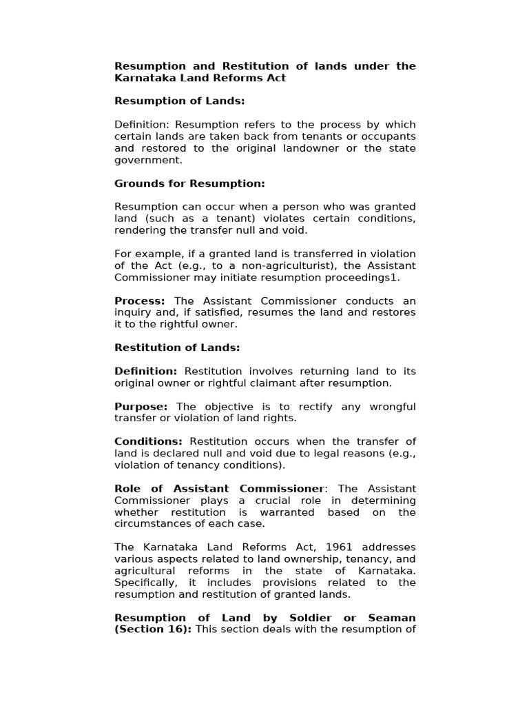 Karnataka Land Reforms: Resumption & Restitution | PDF | Leasehold ...