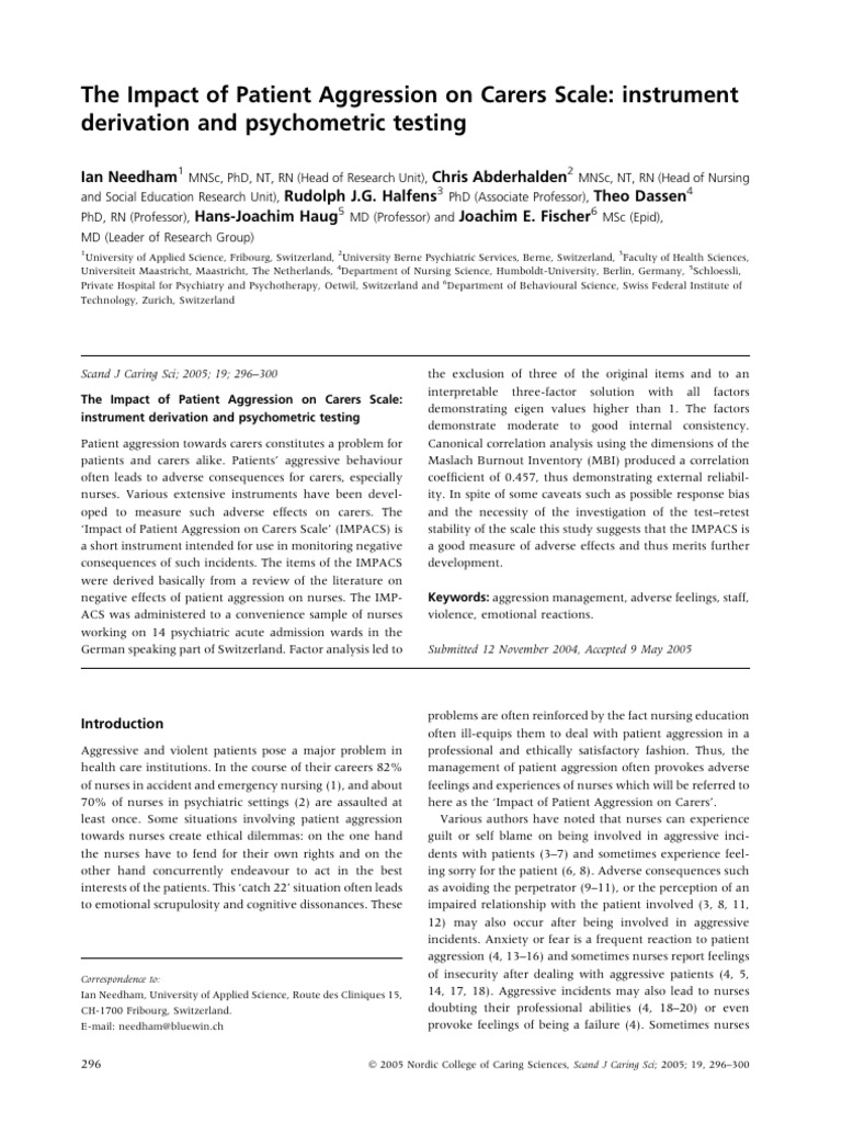 The Impact of Patient Aggression On Carers Scale: Instrument Derivation ...