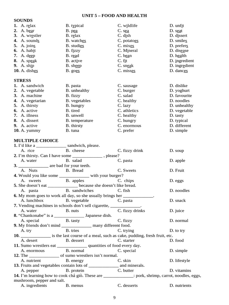 Food and Health Vocabulary Exercises | PDF | Vietnamese Cuisine | Lunch