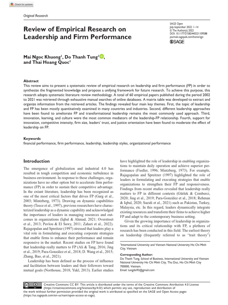 1 Review of Empirical Research On Leadership and Firm PerformanceSAGE ...