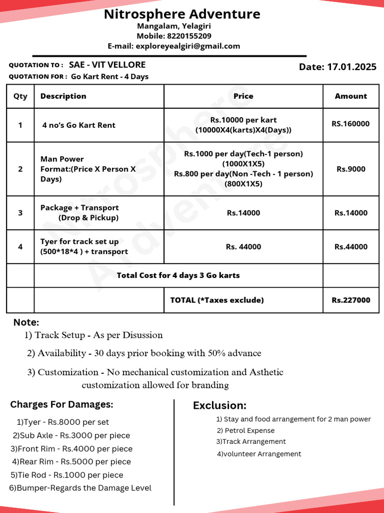 Go Kart Rental Quotation Details | PDF | Car | Automotive Industry