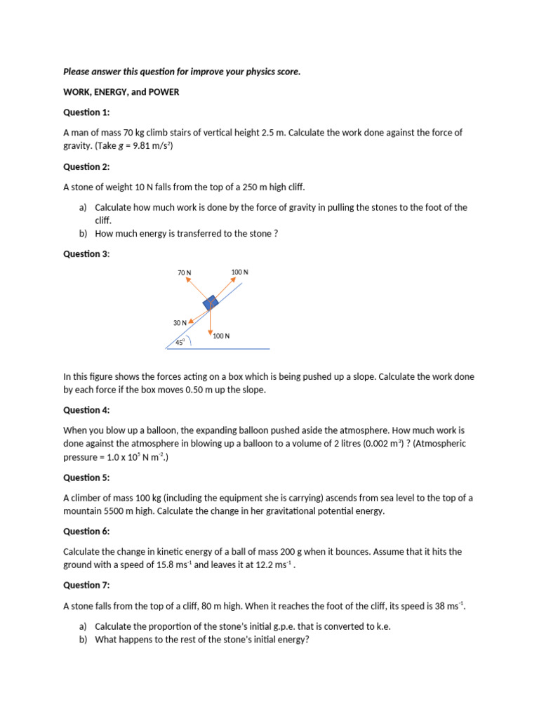 Physics Work, Energy, and Power Problems | PDF