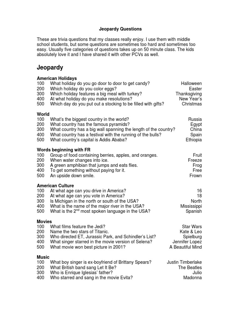 Jeopardy Questions | The United States | Leisure