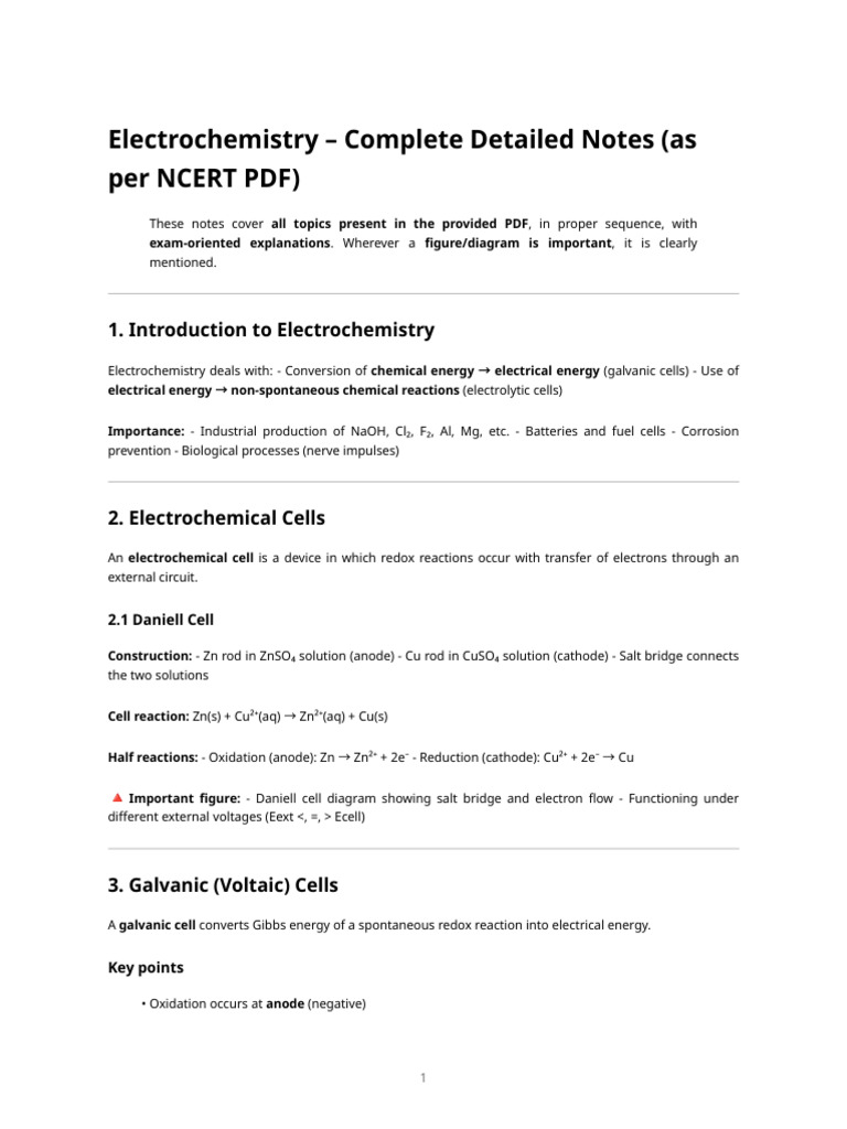 Electrochemistry - Complete Notes (Class 12) MMMM | PDF ...