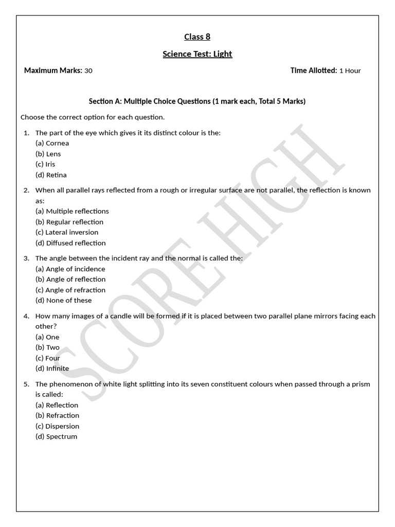 Class 8 Science Test on Light Concepts | PDF