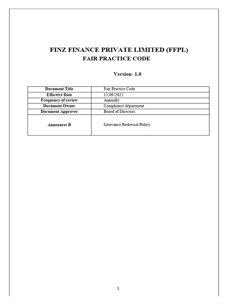 Finz Finance Private Limited (FFPL) : Fair Practice Code | PDF ...
