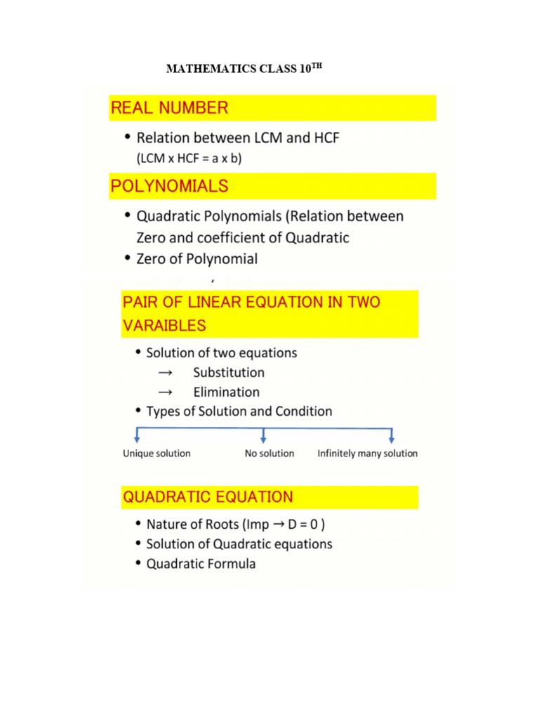 Mathematics Class 10th Important Topics | PDF