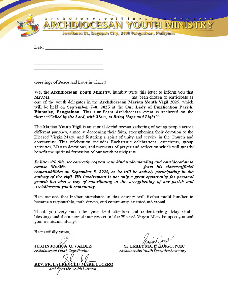 Youth Delegate Invitation: Marian Vigil 2025 | PDF