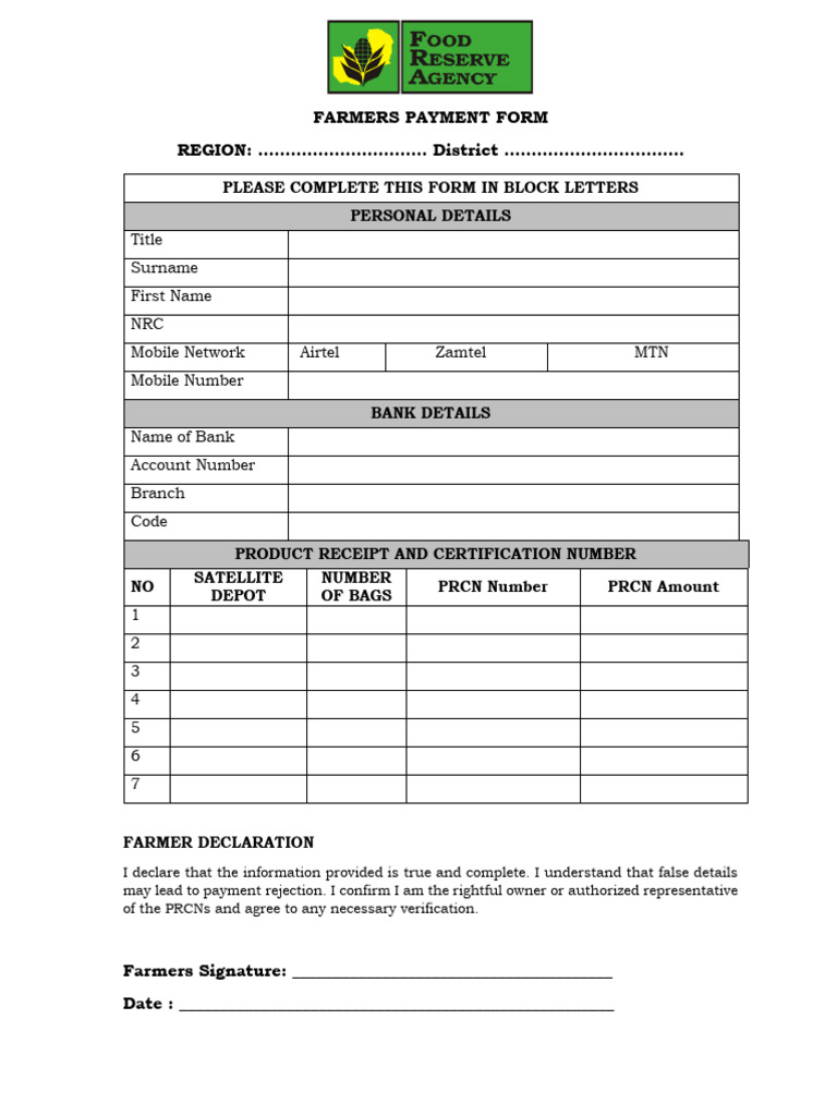 Farmers Payment Form Final 2026 | PDF