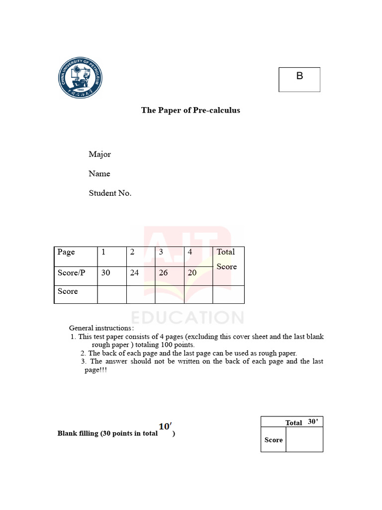 Pre-calculus Test Paper Template | PDF | Function (Mathematics ...