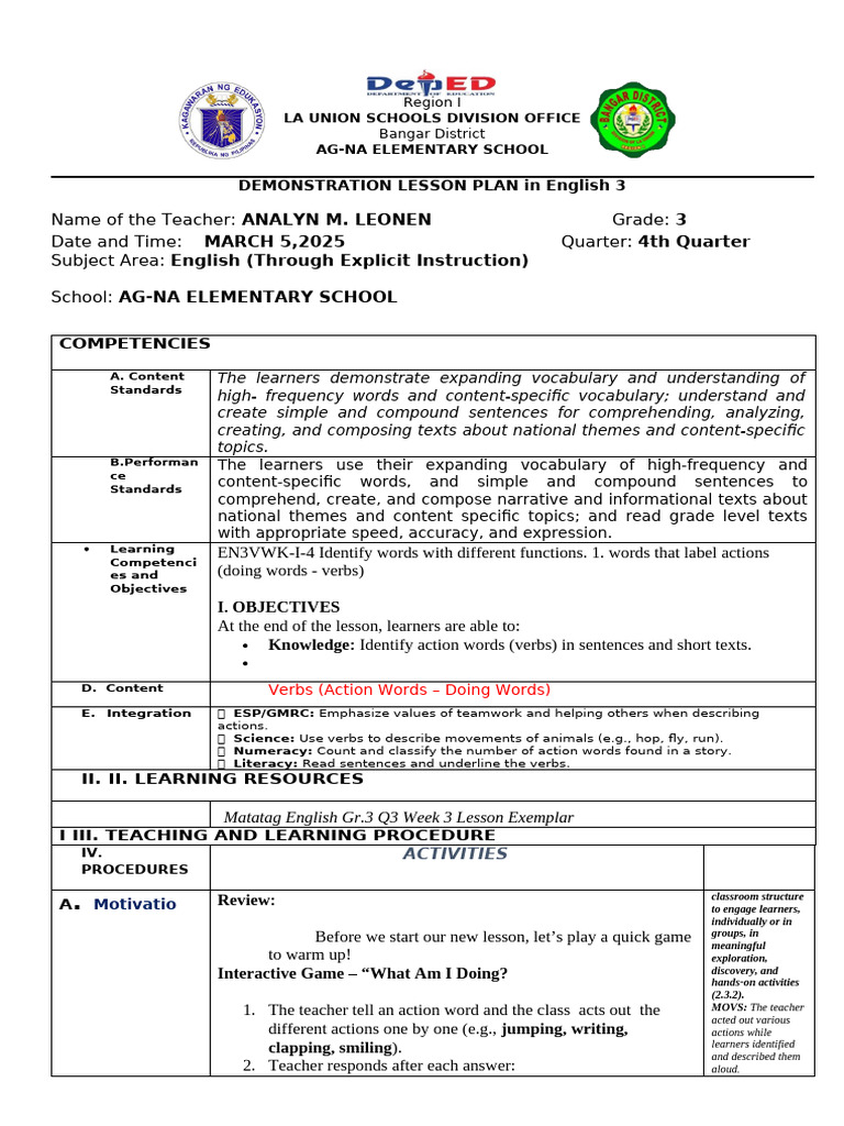English 3 Lesson Plan: Action Verbs | PDF | Learning | Educational ...