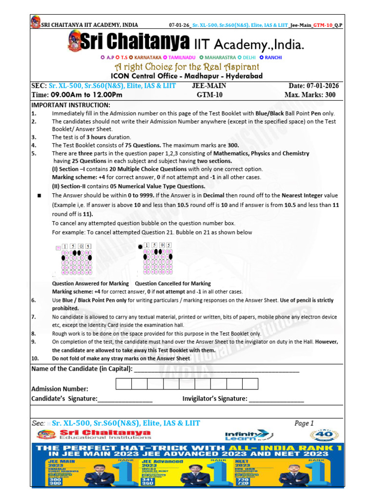 JEE Main Test Paper - Sri Chaitanya | PDF | Mathematics | Mathematical ...