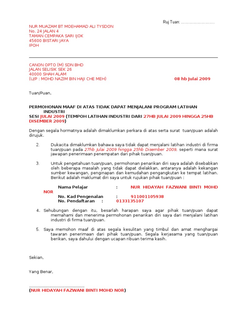 Contoh Kedua Surat Penarikan Diri N Mohon Maaf Pelajar Ke Firma Pdf
