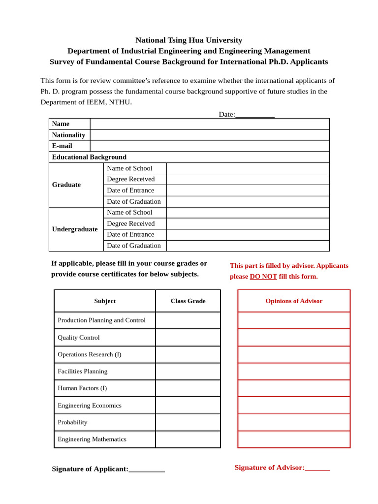 Ph.D. Course Background Survey Form | PDF