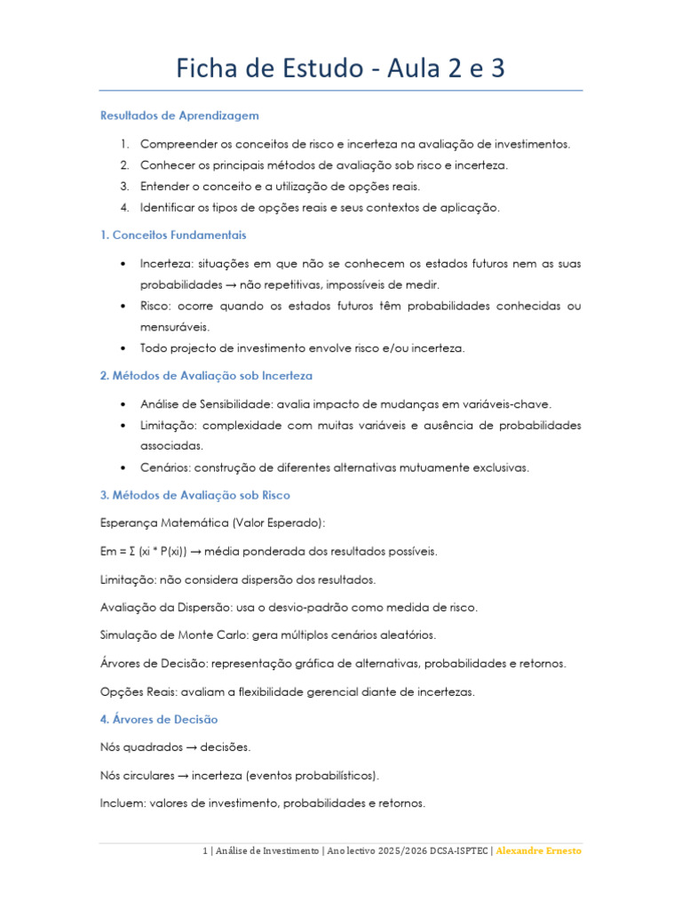 Ficha de Estudo - Aula 2 e 3 | PDF | Incerteza | Avaliação de risco