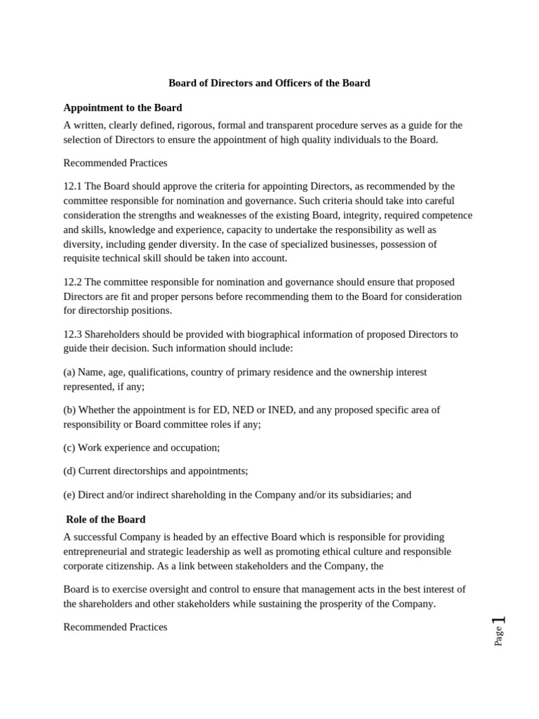 Board of Directors Appointment Guidelines | PDF | Board Of Directors ...