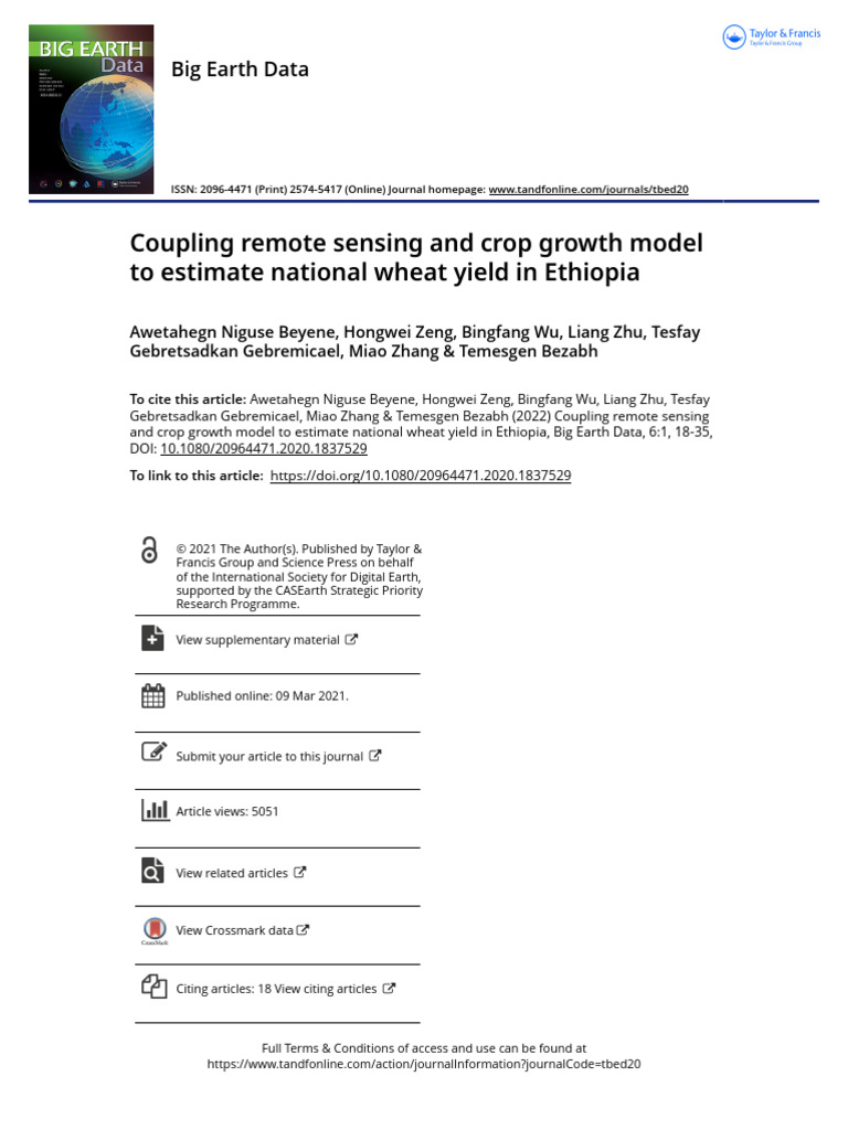 Estimating Wheat Yield in Ethiopia Using Remote Sensing | PDF | Wheat ...