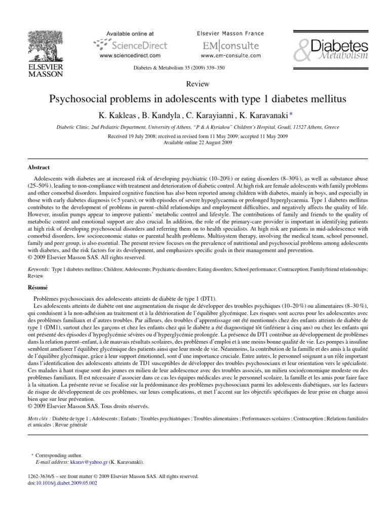 Psychosocial Problems in Adolescents With Type 1 Diabetes Mellitus ...