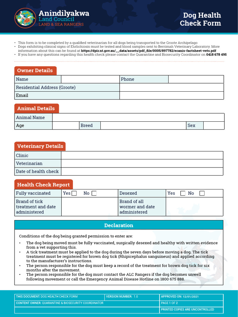 Dog Health Check Form for Travel | PDF | Human–Animal Interaction ...