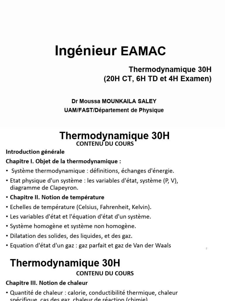 Cours de Thermodynamique 30H UAM/FAST | PDF | Transfert thermique | Chaleur