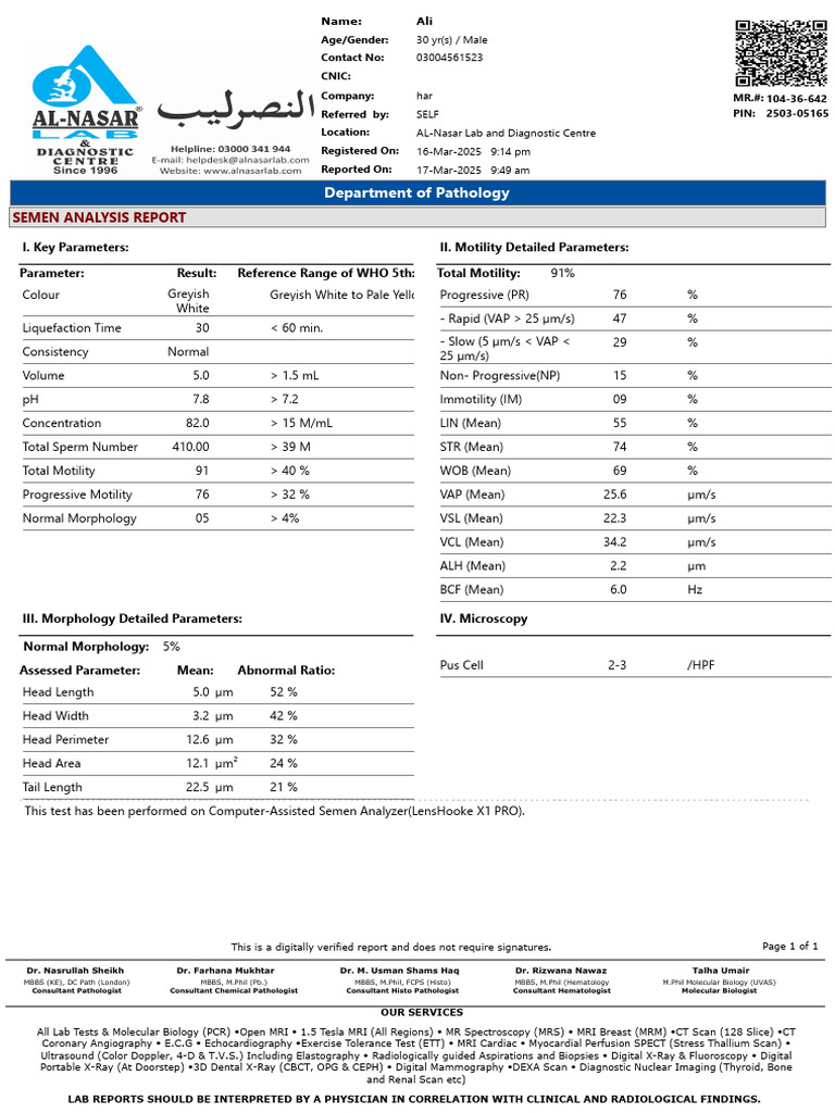 Semen Analysis Report for Ali | PDF | Medical Imaging | Medical Specialties