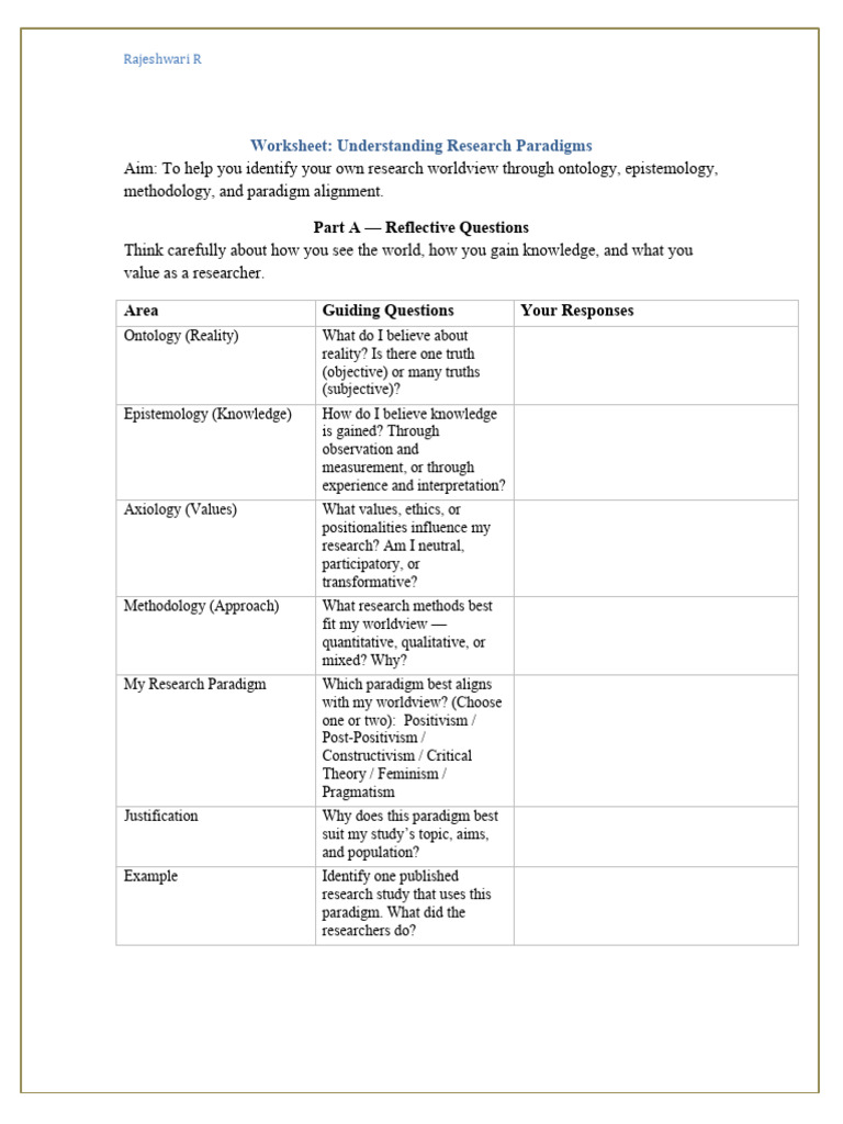 Research Paradigms Worksheet Guide | PDF | Methodology | Epistemology