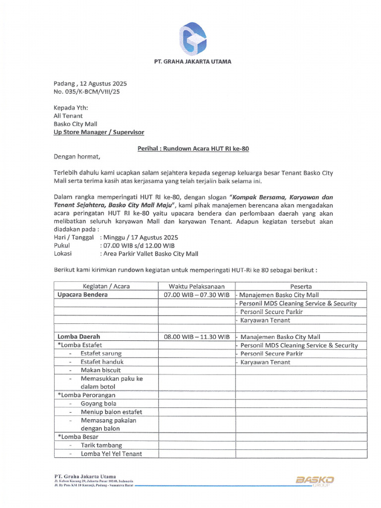 Surat Tenant Partisipasi Acara HUT RI | PDF