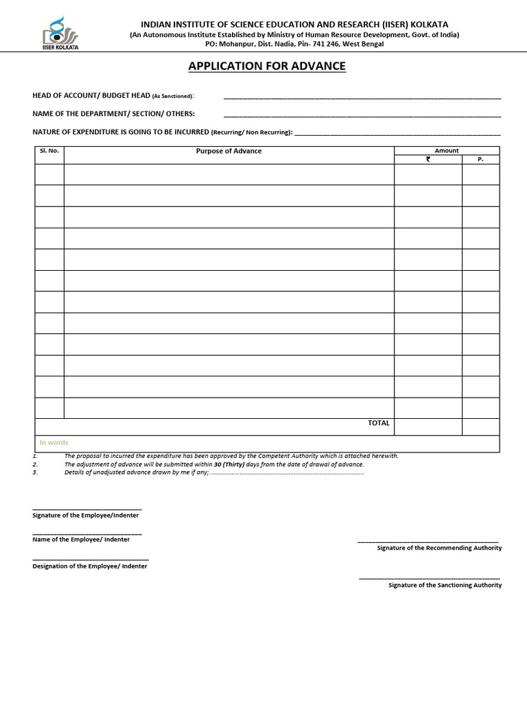 IISER Kolkata Advance Application Form | PDF