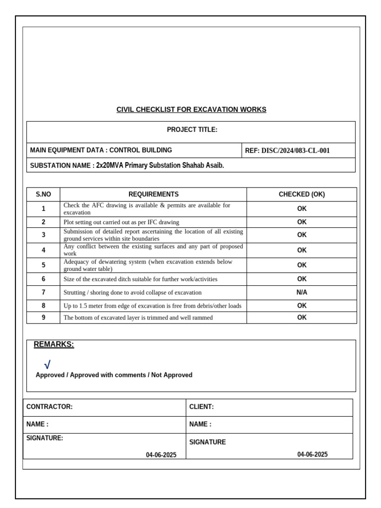 Excavation Works Checklist for Substation | PDF