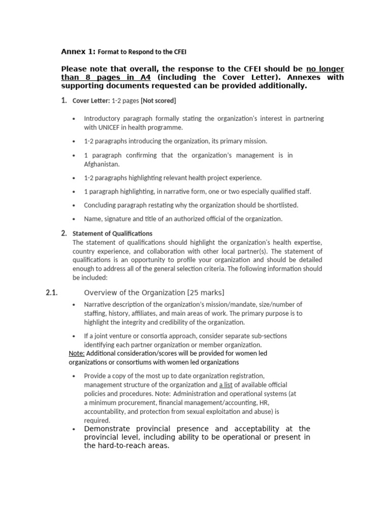 CFEI Response Format for Health Partnerships | PDF
