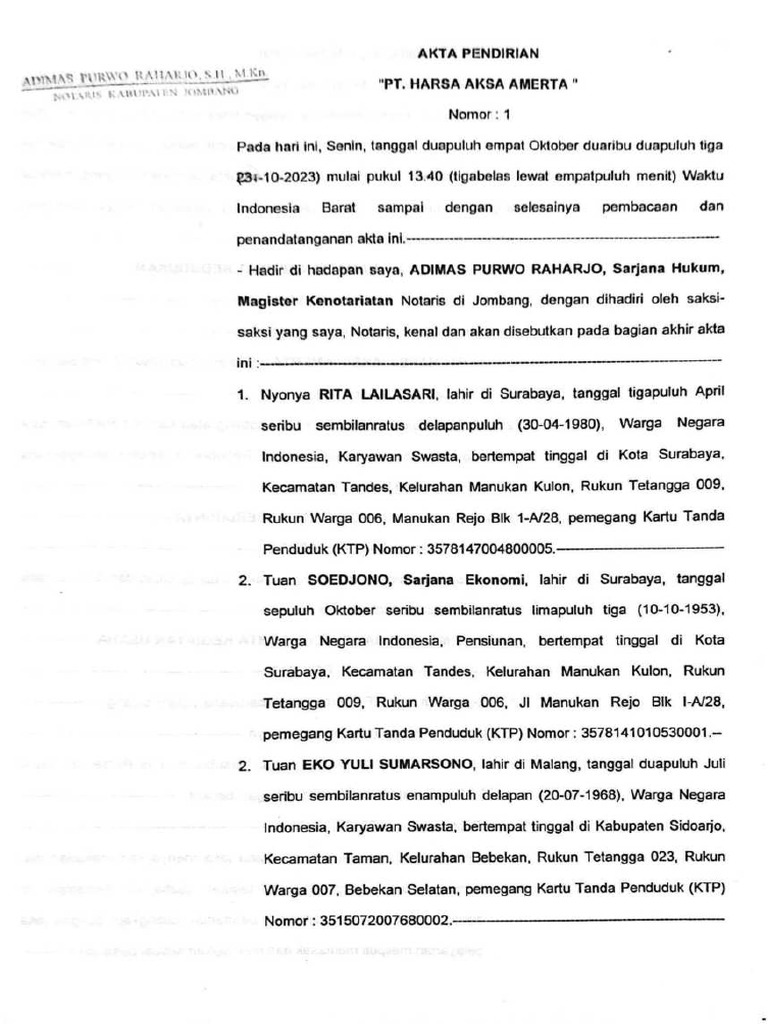 AAkta Pendirian Harsa Aksa Amerta | PDF