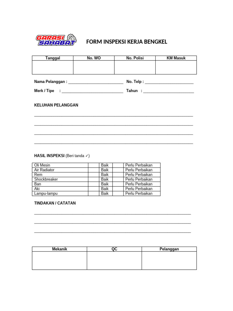 Formulir Inspeksi Kerja Bengkel | PDF