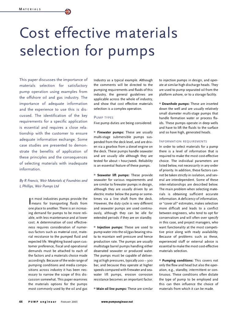 Cost-Effective Pump Materials Guide | PDF | Pump | Chemical Engineering