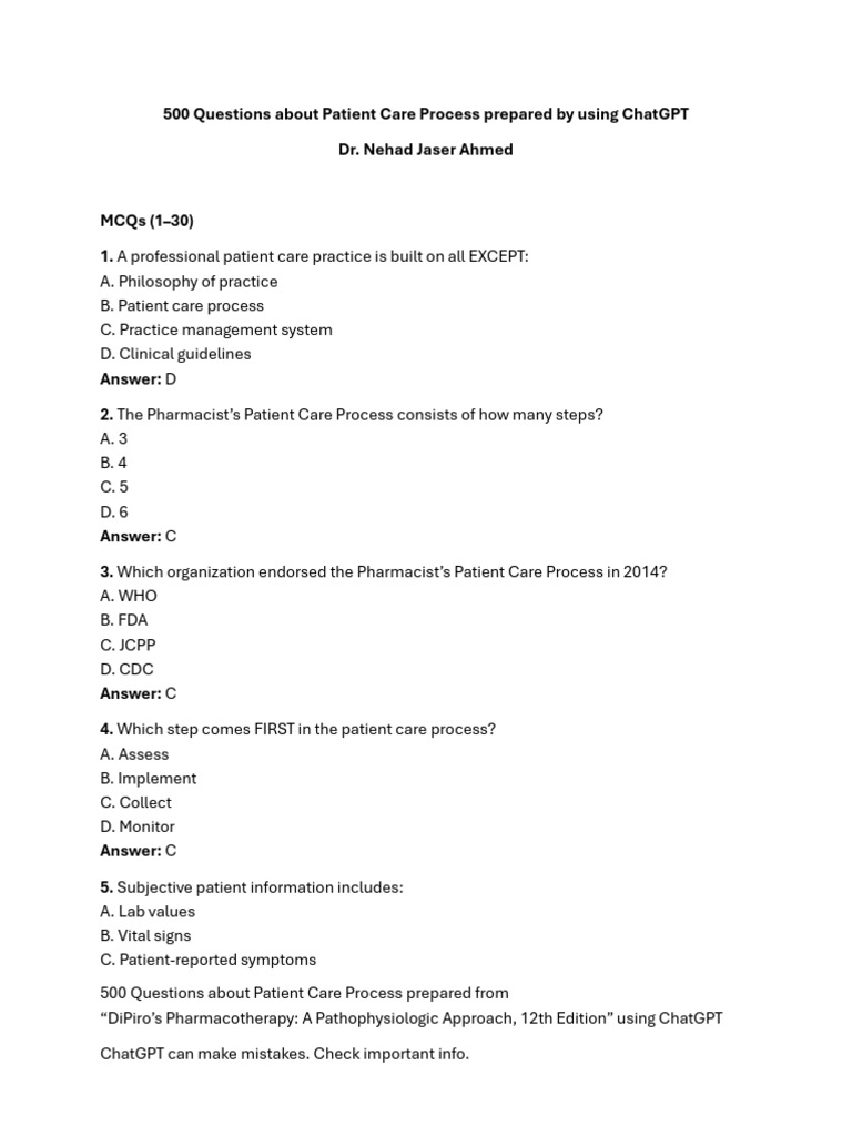 500 Patient Care Process Questions | PDF | Pharmacy | Medical Diagnosis