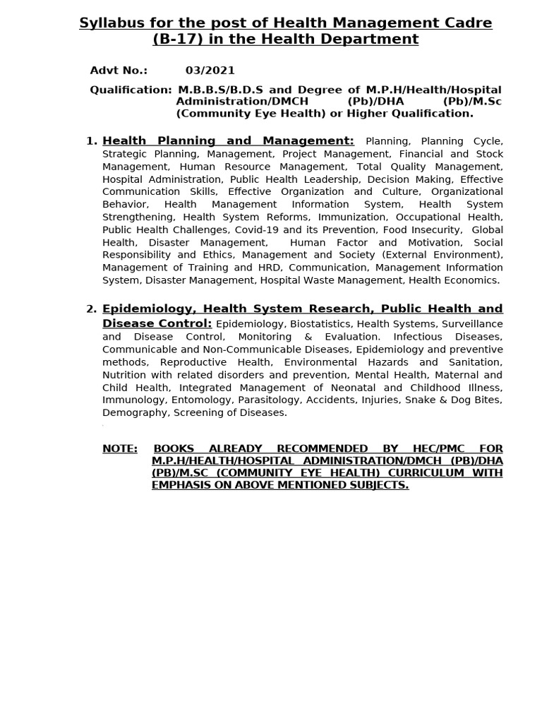 Syllabus For The Post of Health Management Cadre (B-17) in The Health ...